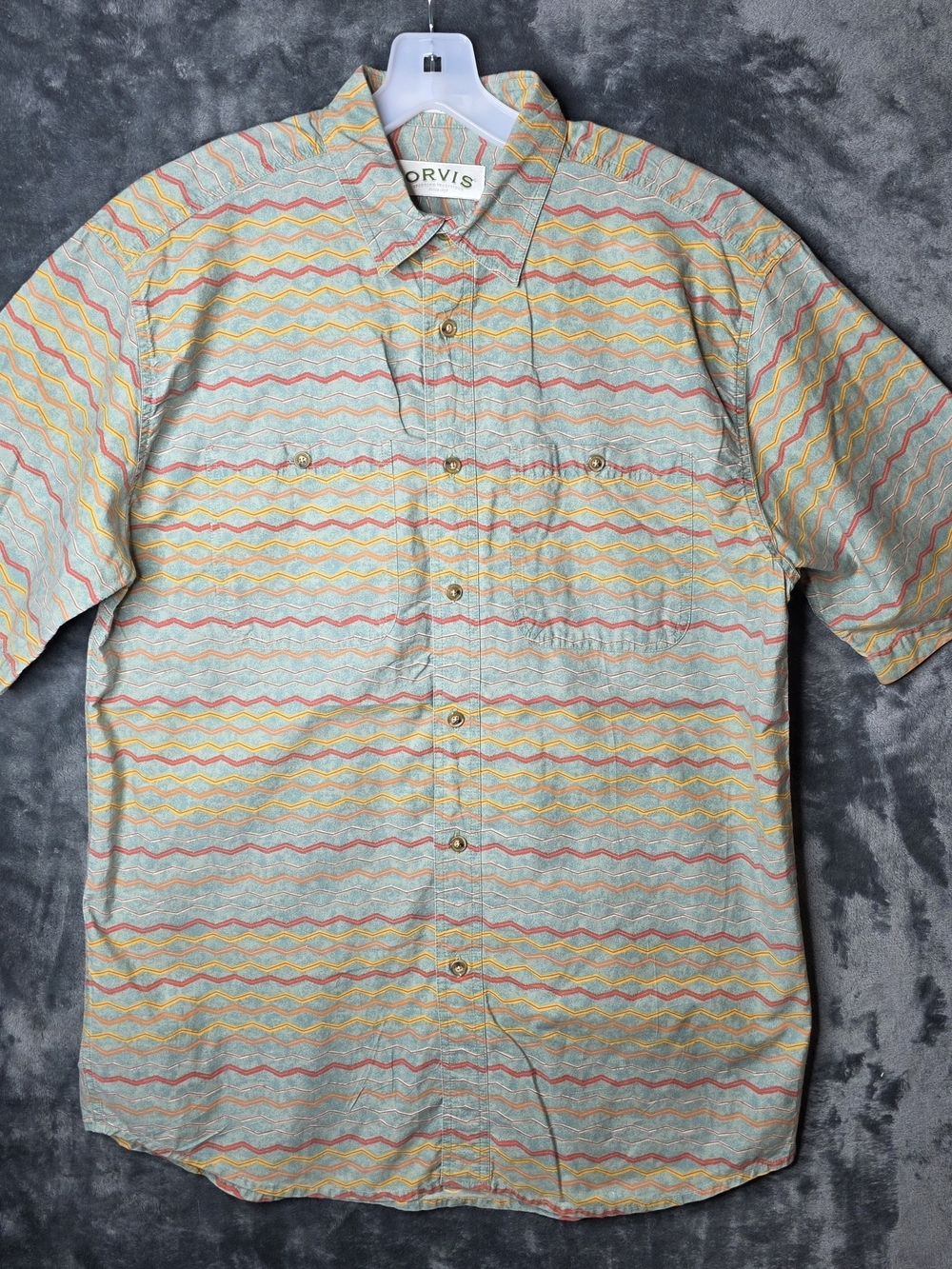 Orvis Short-Sleeve Button-Down Shirt in Mint, Yellow & Coral Wave Print